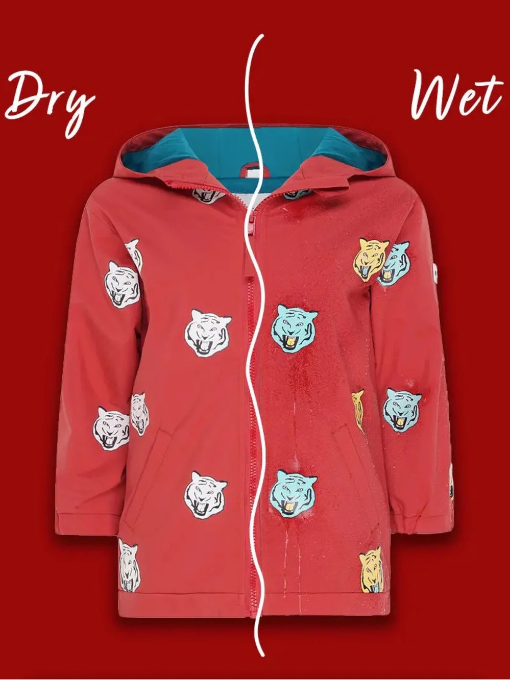 Kids Red Raincoat with Tiger Patch Prints